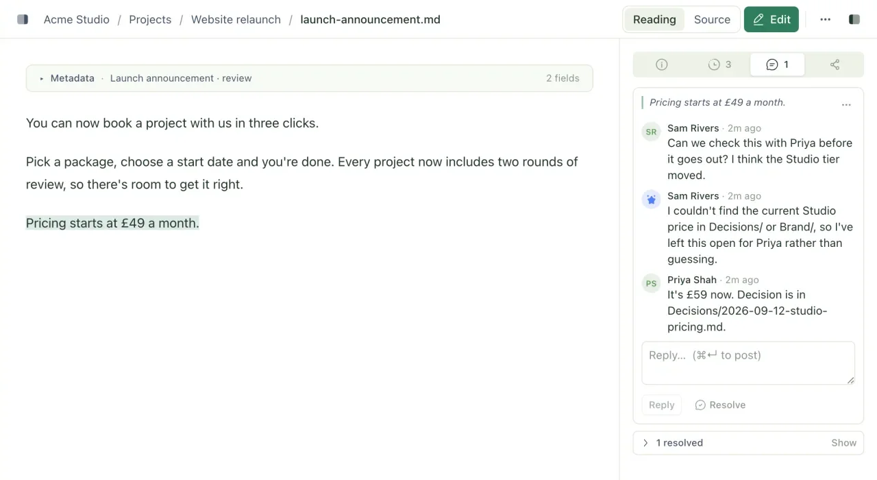 A markdown file with a highlighted passage and its comment thread open in the Comments tab