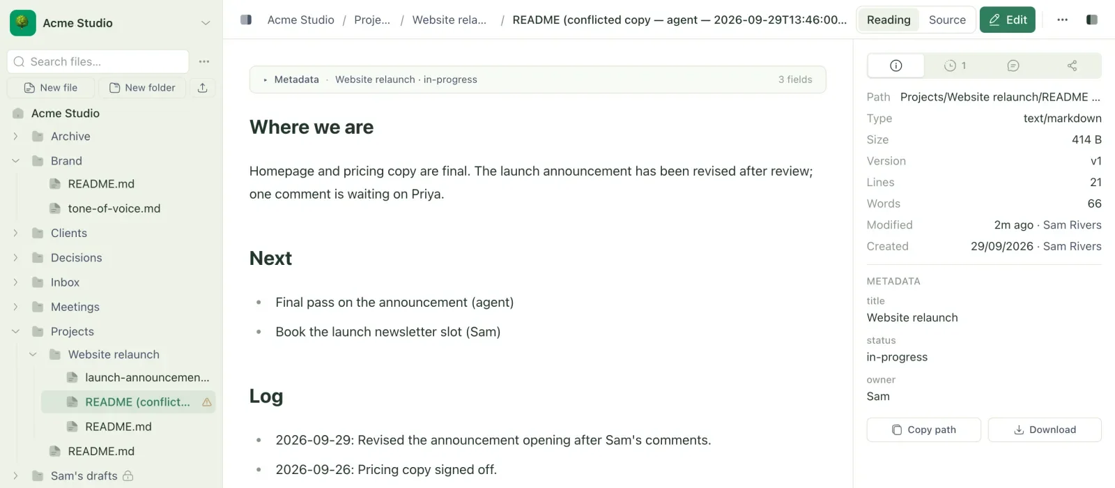 A conflicted copy next to its original in the sidebar, marked with a warning sign, and the original's details panel showing a 1 conflicted copy notice that links to it