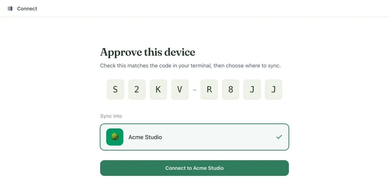 The Approve this device page, showing a code to check against the terminal and a list of workspaces to choose from