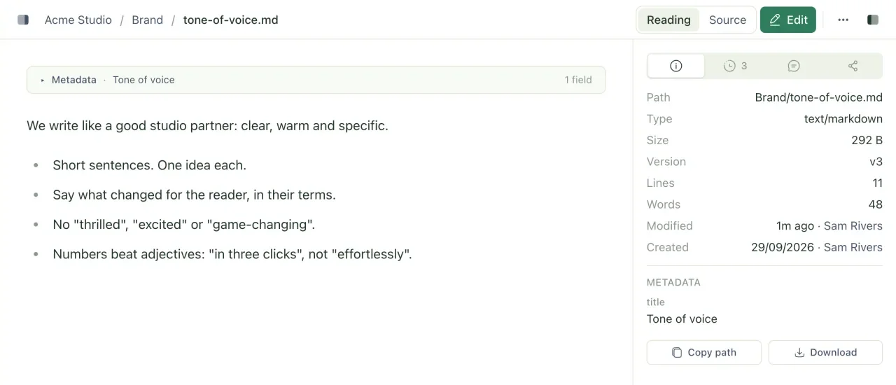 A markdown file open in the web app, with the Info tab of the details panel showing its path, type, size, version, word count and front matter