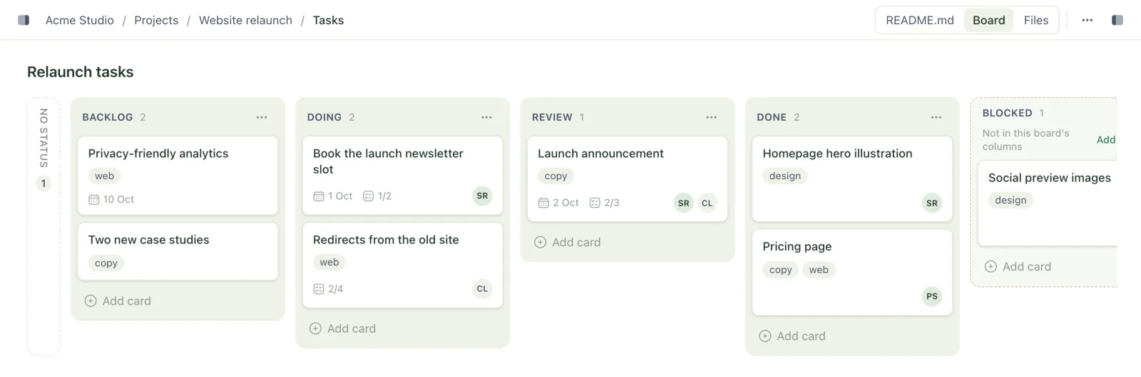 A folder of tasks shown as a board, with Backlog, Doing, Review and Done columns of cards showing tags, due dates, checklists and assignees