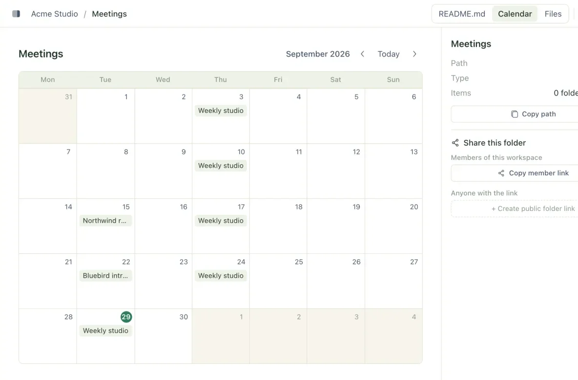 A folder of dated posts shown as a month calendar, with posts on their days and the Previous month, Today and Next month controls in the header