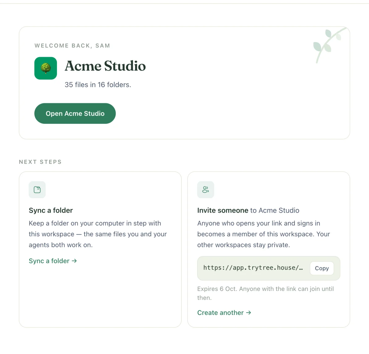 The Dashboard's invite card, showing a new invite link with a Copy button and its expiry date