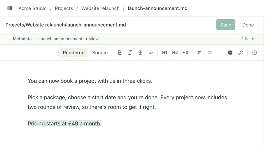 The markdown editor in Rendered mode, with the Rendered and Source switch and the formatting toolbar across the top
