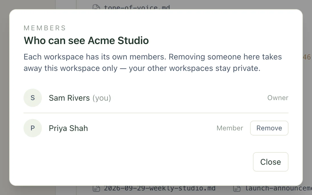 The Members panel, listing each member with their role and a Remove button