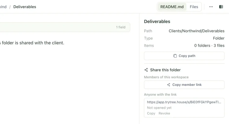 The Share tab for a file, with a public link showing its view count and Copy and Revoke buttons