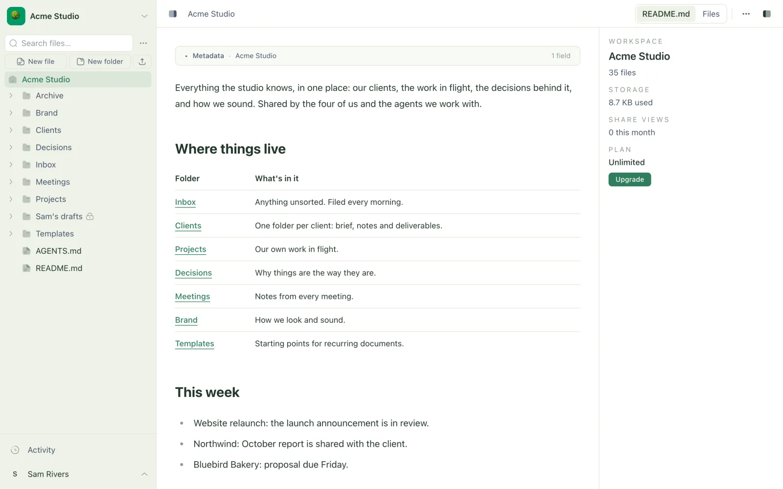 A Treehouse workspace in the web app, with the file tree on the left and a folder's README shown as its front page
